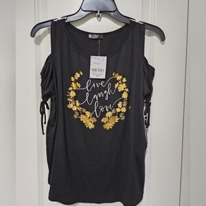 Ava James Short Sleeve Cold-Shoulder Live-Laugh-Love Top, Black, Size Large, NWT